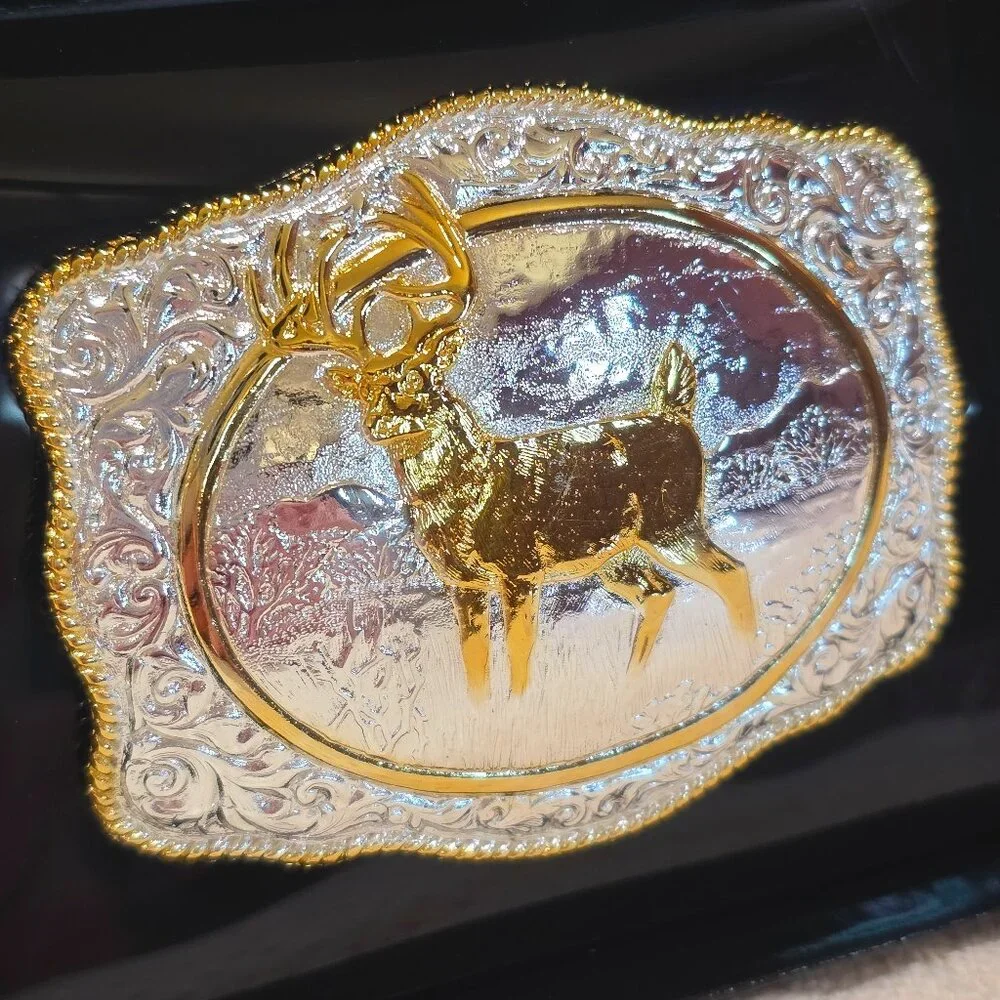Vintage Crumrine NIB Western Whitetail Deer Silver Gold Rectangle Belt Buckle